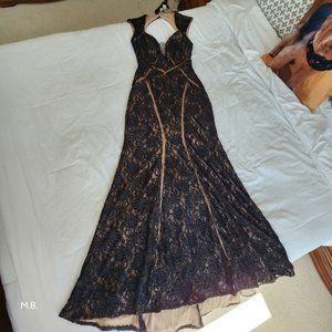 XSCAPE black lace, floor length, formal dress